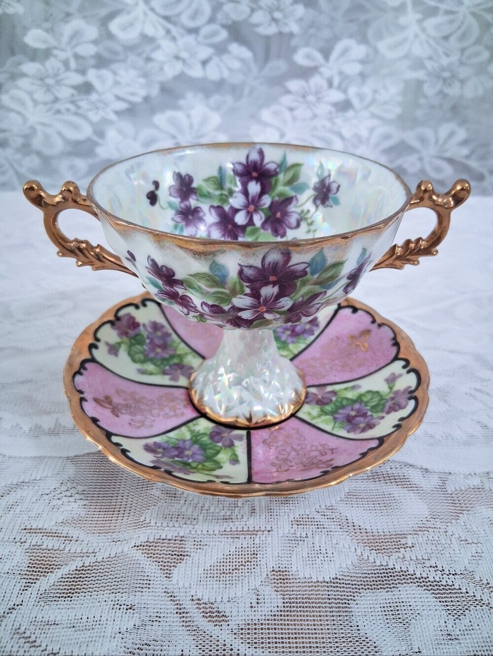 Vintage Royal Sealy Violet Luster Double-handle Teacup And Saucer Set